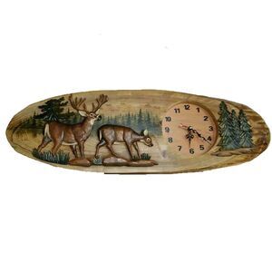 Deer Family Hand Crafted Intarsia Wood Art Wall Clock 13 X 32 X 3 Inches